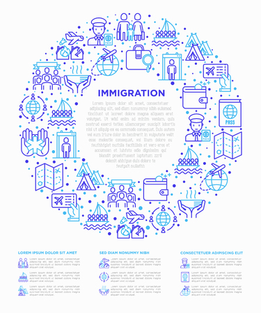 Immigration concept in circle with thin line icons: immigrants, illegals, baggage examination, passport, demonstration, humanitarian aid, social benefit, one way ticket, route. Vector illustration.のイラスト素材