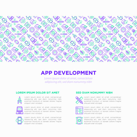 App development concept with thin line icons: writing code, multitasking, smart watch app, engineering, updates, mobile syncing, design, settings. Modern vector illustration, print media template.のイラスト素材