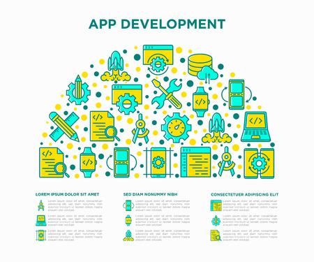 App development concept in half circle withthin line icons: writing code, multitasking, smart watch app, testing, speed optimization, API, mobile syncing. Modern vector illustration, web page templateのイラスト素材