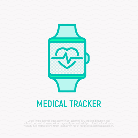 Smart watch with heartbeat thin line icon: medical tracker. Modern vector illustration.のイラスト素材