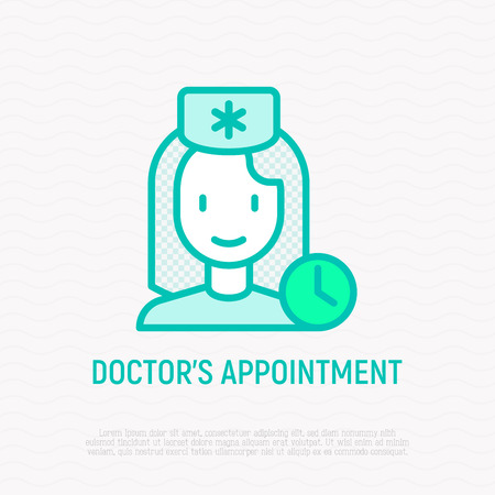 Doctor's appointment thin line icon: woman doctor with clock. Modern vector illustration.のイラスト素材
