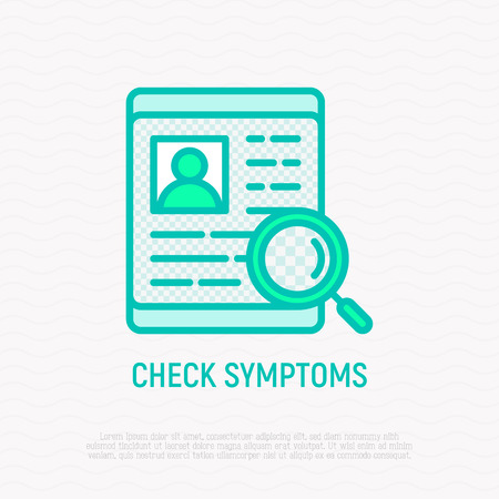 Check symptoms thin line icons: magnifier on human disease. Modern vector illustration.のイラスト素材
