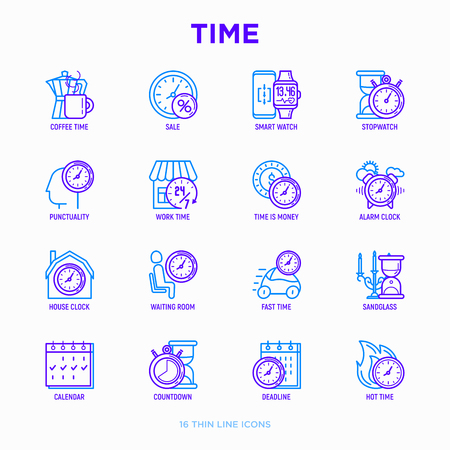 Time thin line icons set: coffee time, punctuality, stopwatch, smart watch, hot time, sale, deadline, alarm, open hours, countdown, work time, sandglass, waiting room, calendar. Vector illustrationのイラスト素材