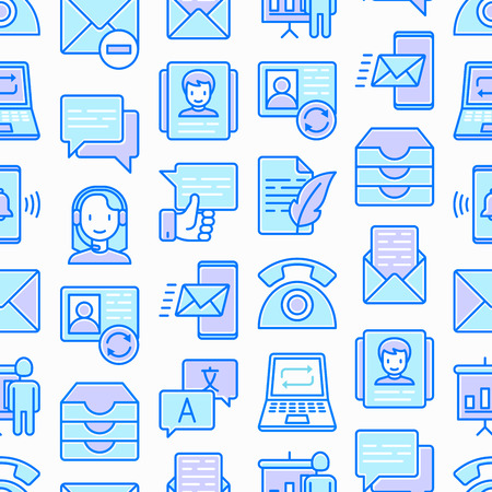 Communication seamless pattern with thin line icons: email, phone, chat, contacts, comment, inbox, translator, presentation, message, screen share, support. Vector illustration.のイラスト素材