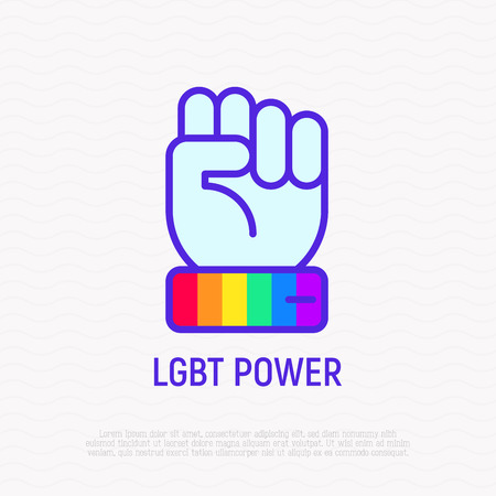 LGBT power thin line icon: hand with rainbow wristband. Modern vector illustration.のイラスト素材