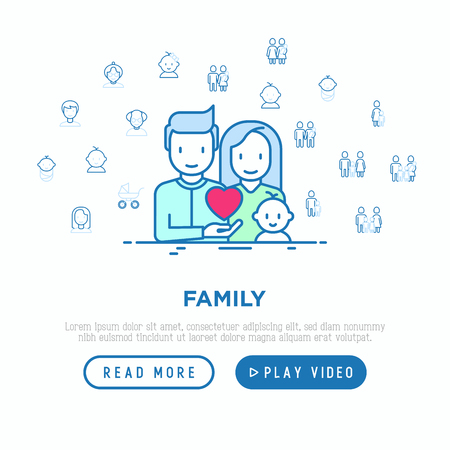 Family concept: young couple with newborn. Thin line icons: mother, father, son, daughter, lesbian, gay, single mother and child, grandmother, grandfather. Vector illustration, web page template.のイラスト素材