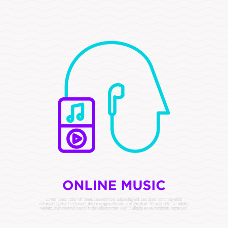 Head silhouette with earphones and music player thin line icon. Modern vector illustration.のイラスト素材
