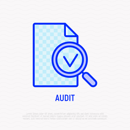 Audit thin line icon: magnifier with mark on document. Modern vector illustration.のイラスト素材