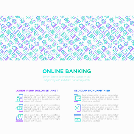 Online banking concept with thin line icons: deposit app, money safety, internet bank, contactless payment, credit card, online transaction, check balance. Vector illustration, print media template.のイラスト素材