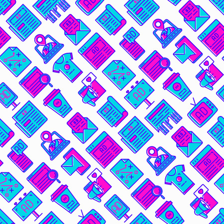 Advertising seamless pattern with thin line icons: billboard, street ads, newspaper, magazine, product promotion, email, GEO targeting, social media, strategy, custom shirt. Vector illustration.のイラスト素材