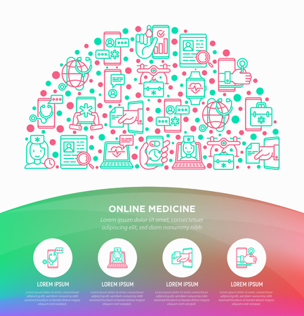 Online medicine, telemedicine concept in half circle with thin line icons: pill timer, ambulance online, medical drone, check symptomps, mobile consultant. Vector illustration, web page template.のイラスト素材