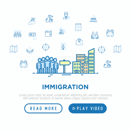 Immigration concept group of people moving on big city. Thin line icons: immigrants, illegals, baggage examination, inspection, refugee camp, social benefit. Vector illustration, web page template.のイラスト素材