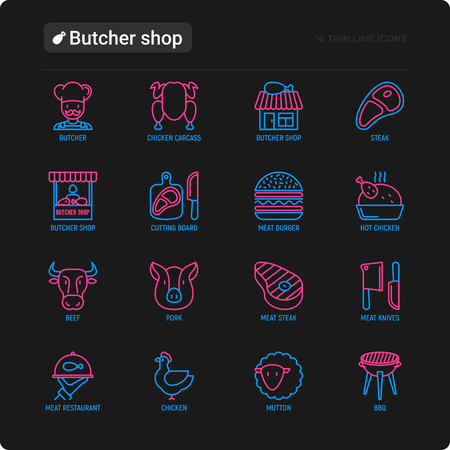 Butcher shop thin line icons set: meat steak, beef, pork, mutton, BBQ, chicken, burger, cutting board, meat knives. Modern vector illustration.のイラスト素材