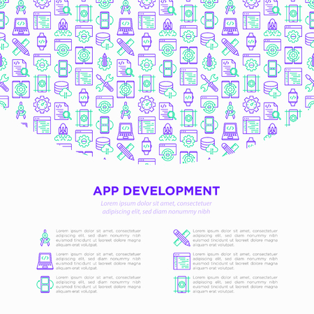 App development concept with thin line icons: writing code, multitasking, smart watch app, engineering, updates, cloud database, testing, mobile syncing, design, settings. Modern vector illustration.のイラスト素材