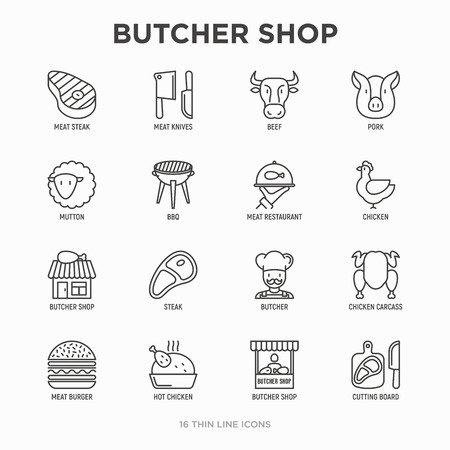 Butcher shop thin line icons set: meat steak, beef, pork, mutton, BBQ, chicken, burger, cutting board, meat knives. Modern vector illustration.のイラスト素材