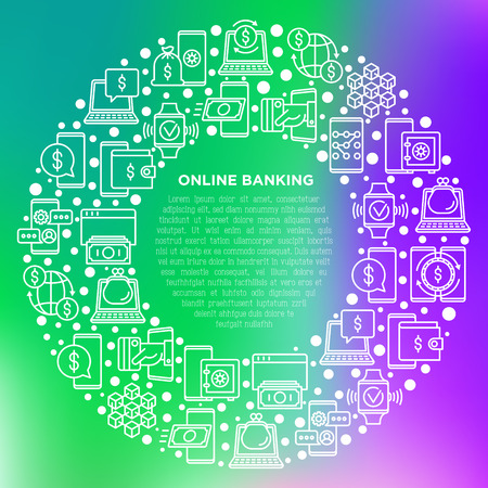 Online banking concept in circle with thin line icons: deposit app, money safety, internet bank, contactless payment, credit card, blockchain. Modern vector illustration, print media template.のイラスト素材