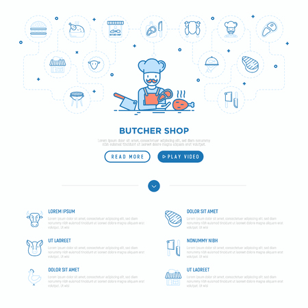 Butcher shop concept: chef with meat steak and knife. Thin line icons: beef, pork, mutton, BBQ, chicken, burger, cutting board. Modern vector illustration, web page template.のイラスト素材