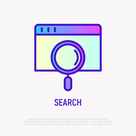 Searching on the internet: magnifier on web page thin line icon. Modern vector illustration.のイラスト素材