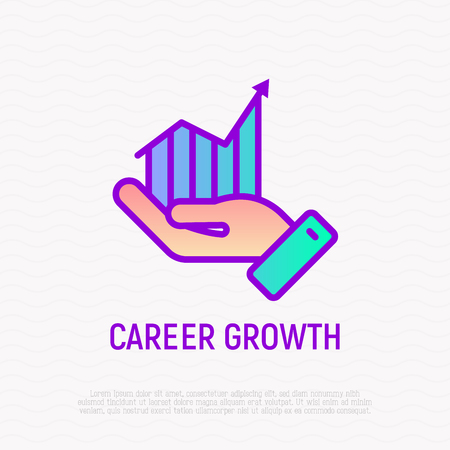 Career growth thin line icon: graph of growth in hand. Modern vector illustration.のイラスト素材