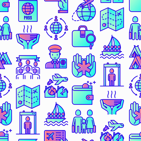 Immigration seamless pattern with thin line icons: immigrants, illegals, baggage examination, passport, international flights, customs, inspection, refugee camp. Modern vector illustration.のイラスト素材