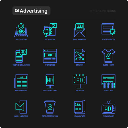 Advertising thin line icons set: billboard, street ads, newspaper, magazine, product promotion, email, GEO targeting, social media, strategy, custom shirt, internet, banner. Vector illustration.のイラスト素材