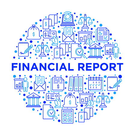 Financial report concept in circle with thin line icons: bank, financial analytics, calculate, signature, email, presentation, bank check, audit, calendar. Vector illustration, print media template.のイラスト素材