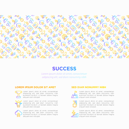 Success concept with thin line icons: trophy, idea, mountain peak, career, bullhorn, strategy, ladder, winner, medal, award, good choice, easy. Modern vector illustration, print media template.のイラスト素材