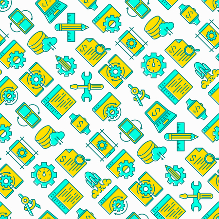App development seamless pattern with thin line icons: writing code, multitasking, smart watch app, engineering, updates, cloud database, testing, settings. Vector illustration.のイラスト素材