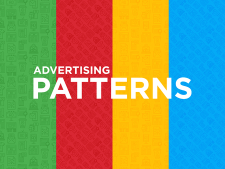 Four different Advertising seamless pattern with thin line icons: billboard, street ads, newspaper, magazine, product promotion, email, GEO targeting. Vector illustration for background.のイラスト素材