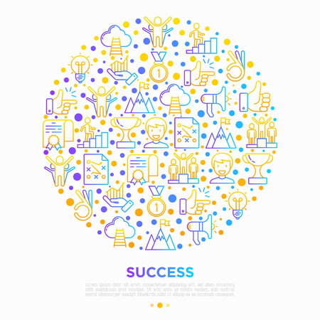 Success concept in circle thin line icons: trophy, idea, mountain peak, career, bullhorn, strategy, ladder, winner, medal, award, good choice, easy, certificate. Vector illustration.のイラスト素材
