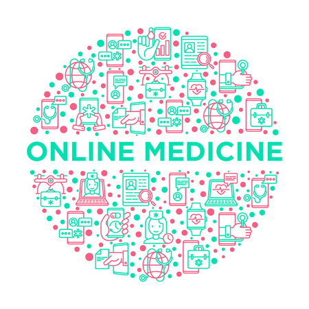Online medicine, telemedicine concept in circle with thin line icons: pill timer, ambulance online, medical drone, tracker, mHealth, messenger, check symptomps. Modern vector illustration.のイラスト素材