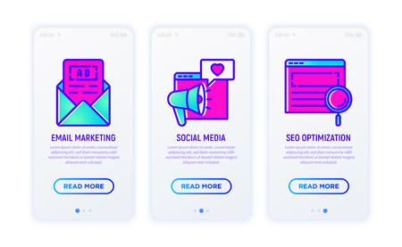 Advertising thin line icons set: email marketing, social media, SEO optimization. Modern vector illustration for user mobile appのイラスト素材