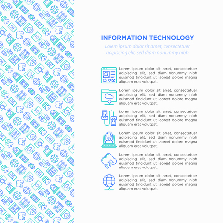 Information technology concept with thin line icons: social network, system backup, search, LAN network, connection, API, feedback, video call, online news. Vector illustration, web page template.のイラスト素材