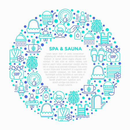 Spa & sauna concept in circle with thin line icons: massage oil, towels, steam room, shower, soap, pail and ladle, hygrometer, swimming pool, facial mask. Vector illustration, print media template.のイラスト素材