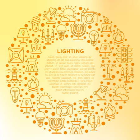 Lighting concept in circle with thin line icons: bulb, LED, CFL, candle, table lamp, sunlight, spotlight, flash, candelabrum, bonfire, menorah, lighthouse. Vector illustration, print media template.のイラスト素材