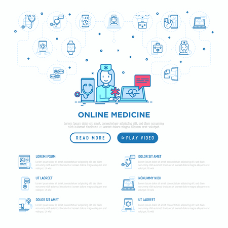 Online medicine concept: doctor consulting by video call. Thin line icons. Modern vector illustration, web page template.のイラスト素材