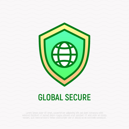 Global secure thin line icon, shield with globe. Modern vector illustration.のイラスト素材