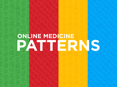 Four different online medicine seamless patterns with thin line icons: pill timer, ambulance online, medical drone, tracker, mHealth, messenger, check symptomps. Modern vector illustration.のイラスト素材
