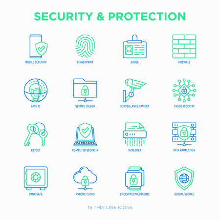 Security and protection thin line icons set: mobile security, fingerprint, badge, firewall, face ID, secure folder, surveillance camera, keyset, shredder, encrypted messaging. Vector illustration.のイラスト素材