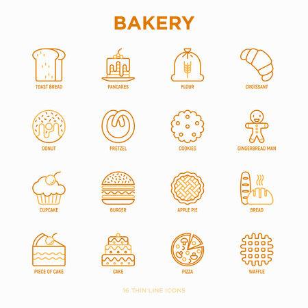 Bakery thin line icons set: toast bread, pancakes, flour, croissant, donut, pretzel, cookies, gingerbread man, cupcake, burger, apple pie, pizza, waffle. Modern vector illustration.のイラスト素材