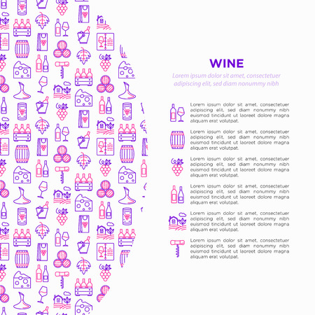 Wine concept with thin line icons: corkscrew, wine glass, cork, grapes, barrel, list, decanter, cheese, vineyard, bucket, shop, delivery. Modern vector illustration, web page template.のイラスト素材