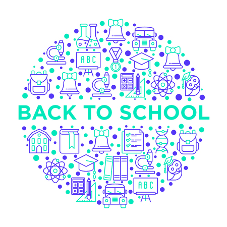 Back to school concept in circle with thin line icons: backpack, bell, book, microscope, knowledge, owl, chemistry, mathematics, biology, blackboard, physics, exam. Vector illustration.のイラスト素材