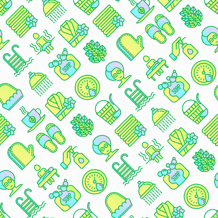 Spa & sauna seamless pattern with thin line icons: massage oil, towels, steam room, shower, soap, pail and ladle, hygrometer, swimming pool, herbal tea, birch, whisk. Modern vector illustration.のイラスト素材