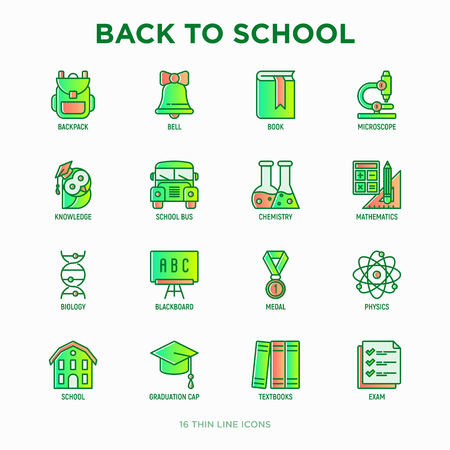 Back to school thin line icons set: backpack, bell, book, microscope, knowledge, owl, graduation cap, bus, chemistry, mathematics, biology, blackboard, physics, exam. Modern vector illustration.のイラスト素材