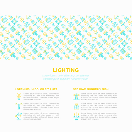 Lighting concept with thin line icons: bulb, LED, CFL, candle, table lamp, sunlight, spotlight, flash, candelabrum, bonfire, menorah, lighthouse. Modern vector illustration, print media template.のイラスト素材