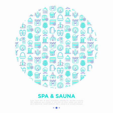 Spa & sauna concept in circle with thin line icons: massage oil, towels, steam room, shower, soap, pail and ladle, hygrometer, herbal tea, birch, whisk. Vector illustration, print media template.のイラスト素材