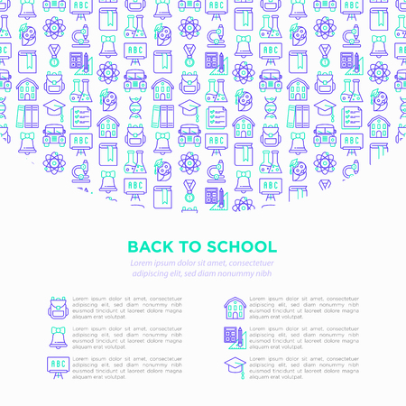 Back to school concept with thin line icons: backpack, bell, book, microscope, knowledge, owl, graduation cap, bus, chemistry, mathematics, physics, exam. Vector illustration, print media template.のイラスト素材