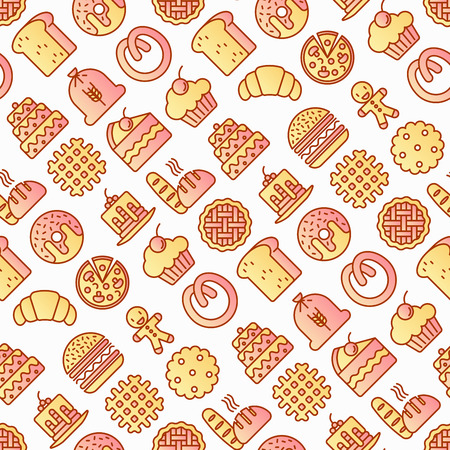 Bakery seamless pattern with thin line icons: toast bread, pancakes, flour, croissant, donut, pretzel, cookies, gingerbread man, cupcake, burger, apple pie, pizza, waffle. Modern vector illustration.のイラスト素材