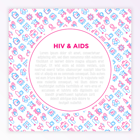 HIV and AIDs concept with thin line icons: safe sex, blood transfusion, syringe, AIDs ribbon, blood test, microscope, genetic engeering. Modern vector illustration, print media template.のイラスト素材