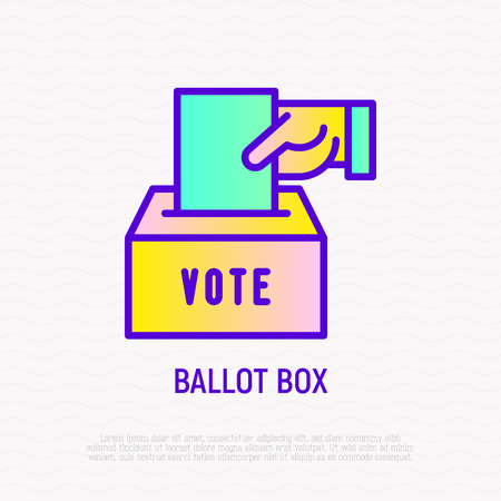 Ballot box: hand puts envelope with vote in box. Thin line icon. Modern vector illustration.のイラスト素材